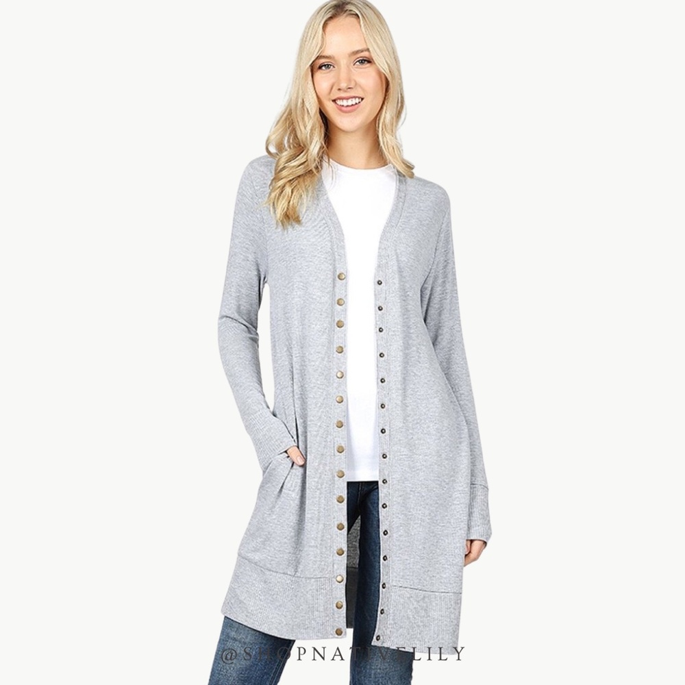 NWT Zenana Women’s Thigh-Length Snap Button Cardigan, Heathered Gray - Picture 1 of 6